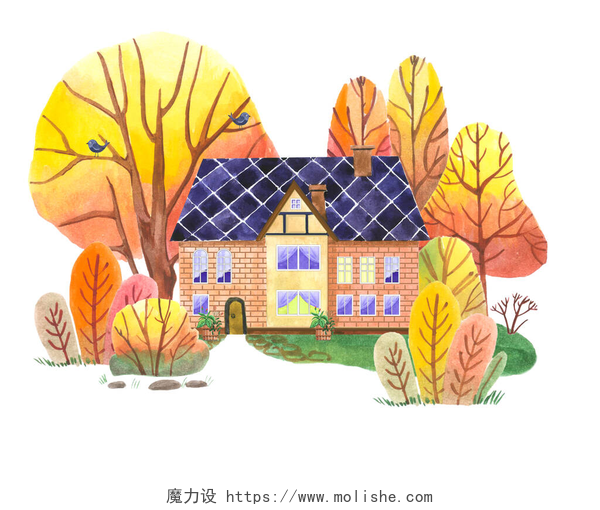 秋天森林里的村舍水彩画一座明媚的秋天森林里的村舍。水彩画